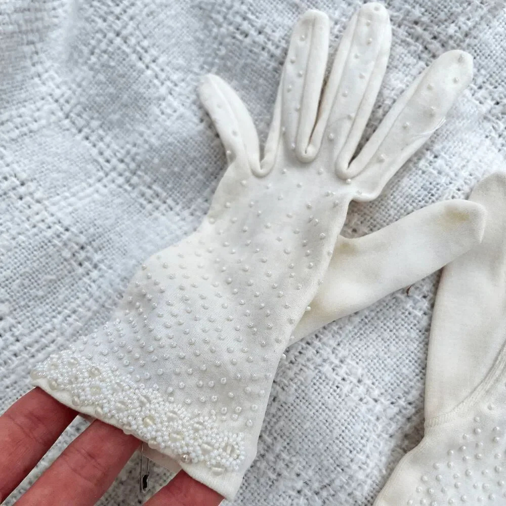 VTG Beaded Pearl Embellished Stretch Dress Gloves Wedding Bridal Opera Gloves